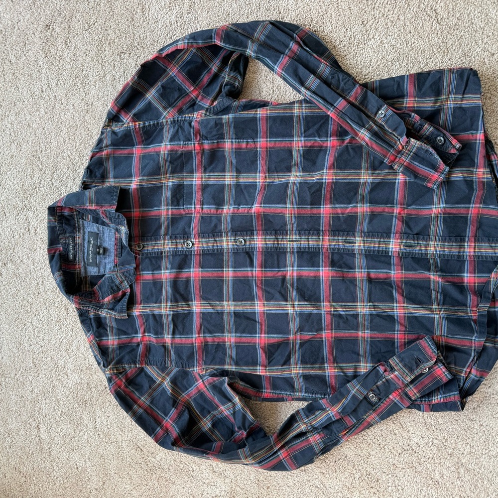 Banana Republic Navy Plaid Button-Up Shirt with Red and Green Stripes Size M
